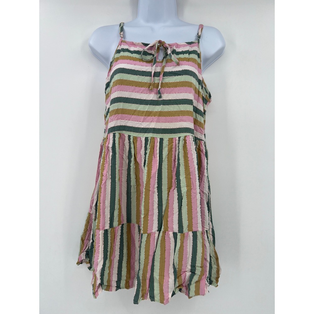 Self Contrast Multi Color Stripe Metallic Lurex Tiered Mini Dress M Boho
